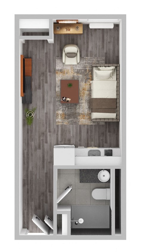 a stylized floor plan with a bedroom and a bathroom
